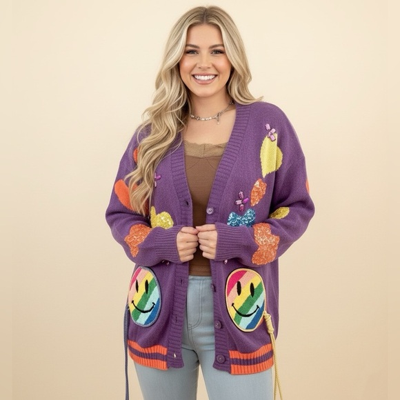 Smiley face cardigan 2 colors are available —— purple color - Picture 3 of 7